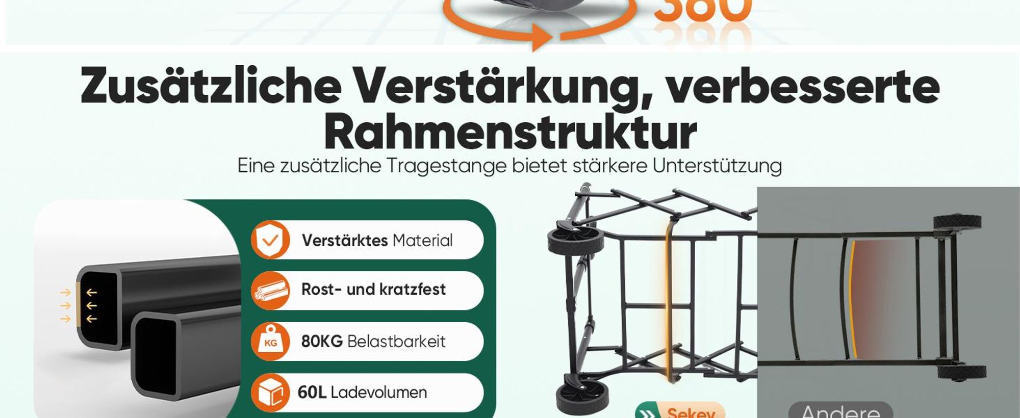 Sekey Bollerwagen, Faltbarer Handwagen 4 Räder, 80KG / 60L, Grau