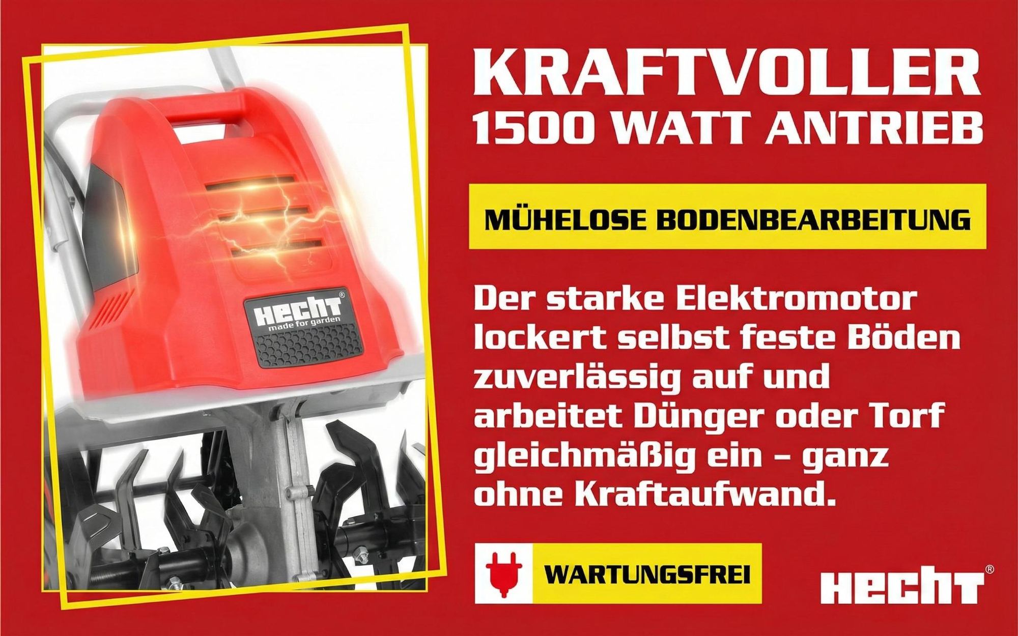 HECHT 745 Motorhacke Elektro | 40 cm Arbeitsbreite | 22 cm Arbeitstiefe | 1500W | 24 Messer | 400 U/min | 230V
