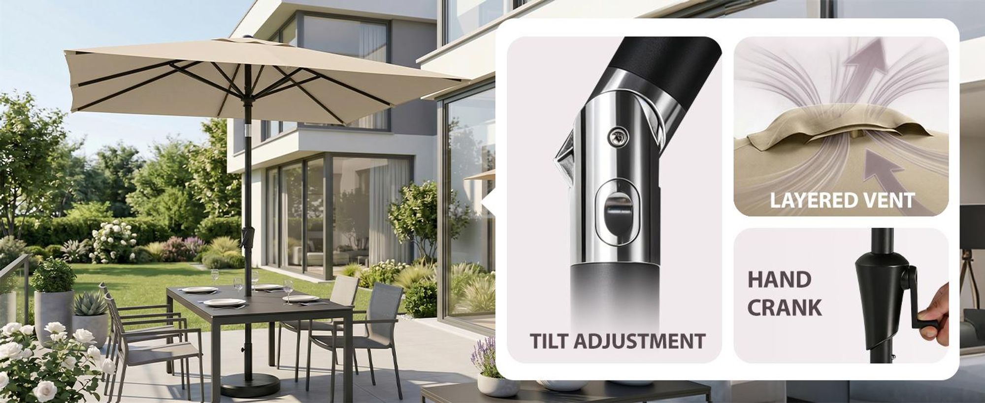 Sekey Rechteckiger Sonnenschirm 200 x 140 cm, Balkonschirm & Terrassenschirm mit Kurbel, UV50+ Sonnenschutz für Garten, Balkon und Terrasse