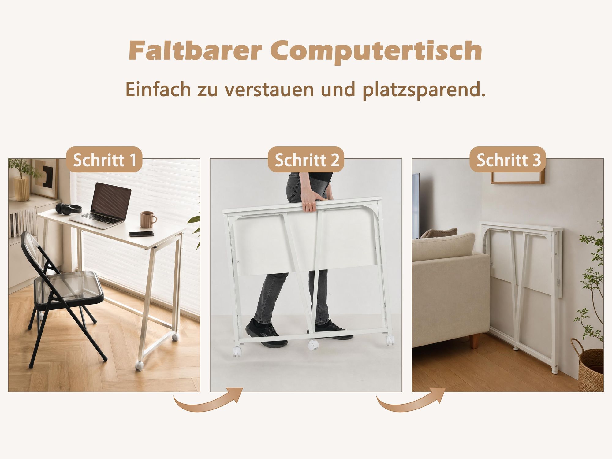 Meubles Cosy Skandinavischer Klappschreibtisch / Computertisch mit 4 Rollen Wei?es Holz und wei?es Metall - ASCOLI
