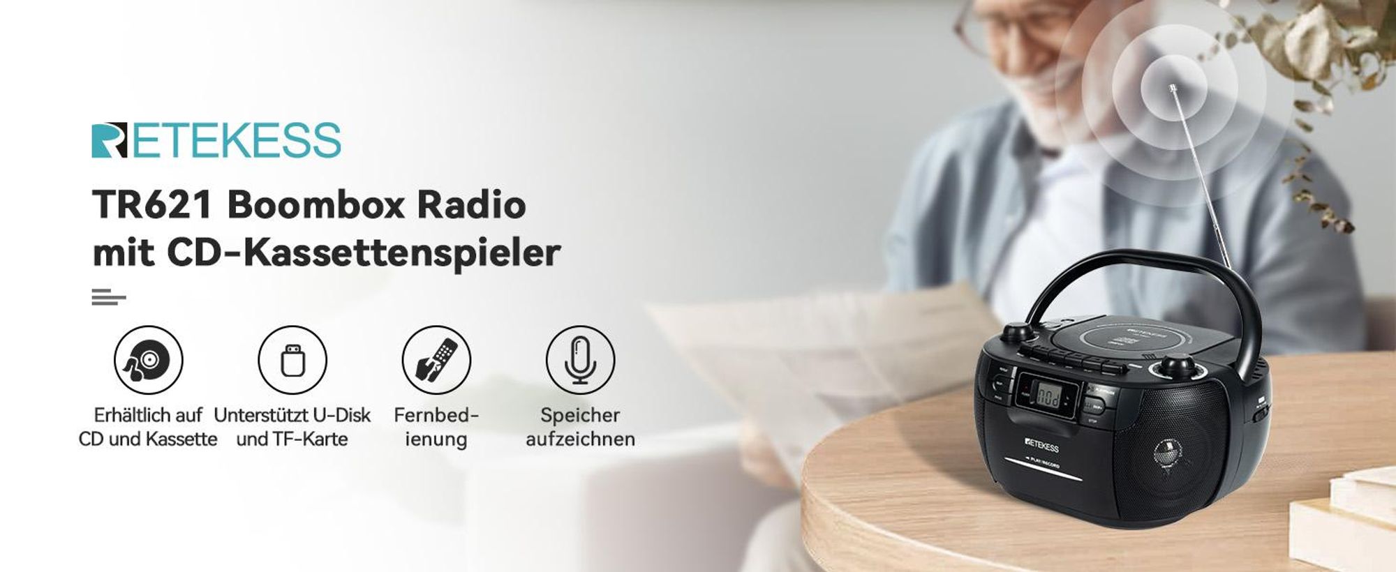 Retekess TR621 Tragbares CD Radio,Kassettenspieler CD,Stereo mit AM FM-Radio,Kassettenrekorder,Unterstützung von USB/TF/Kopfhörer, mit Fernbedienung