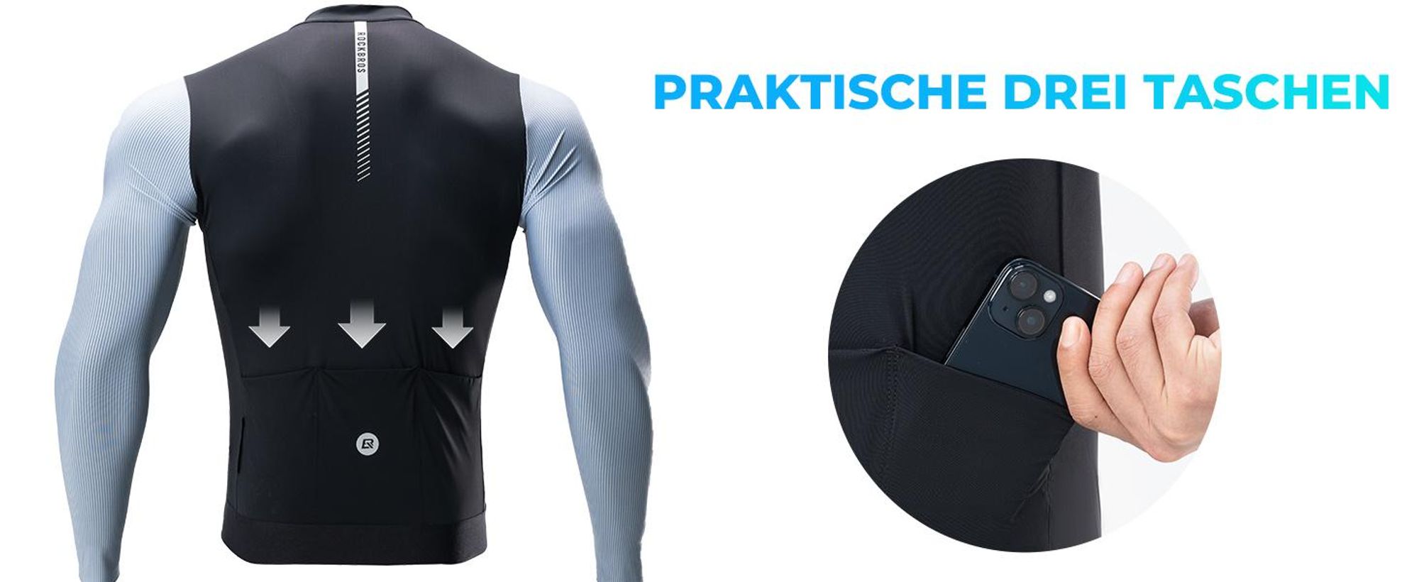 ROCKBROS Herren Langarm Radtrikot Atmungsaktiv Schnelltrocknend Mit Reißverschluss 3 Taschen Für Rennrad MTB Grau-Schwarz Größe 2XL