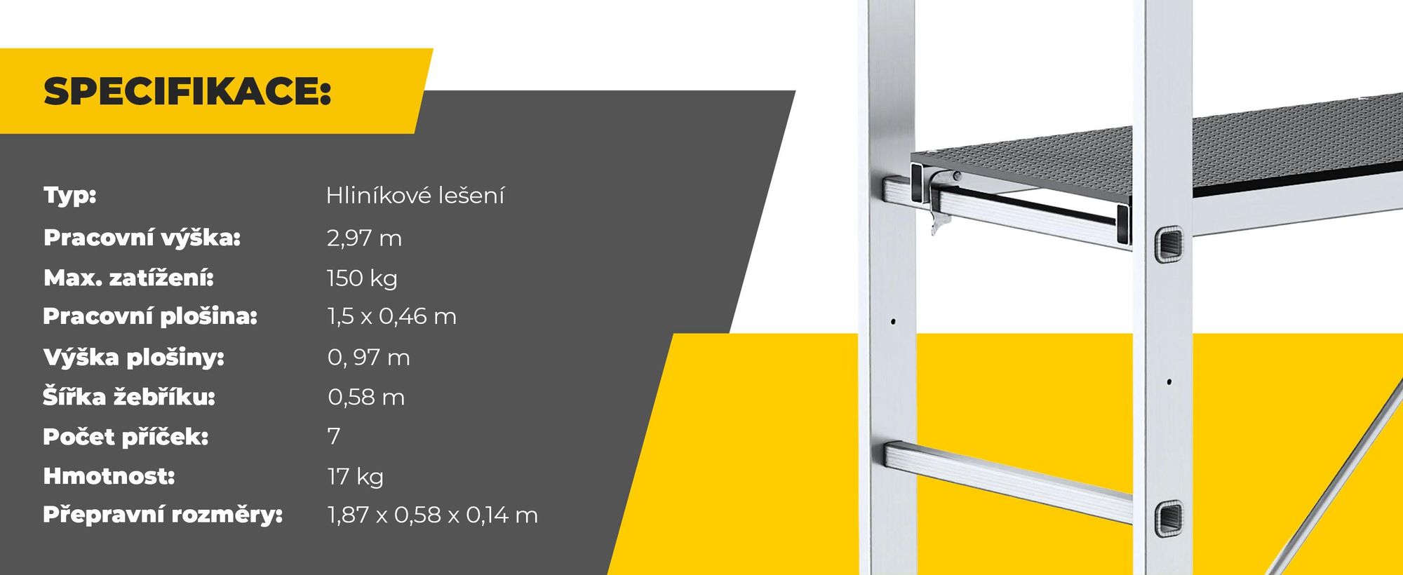 Drabest | Hliníkové lešení – hliníkové lešení 2×7 – žebříkové lešení – nosnost plošiny: 150 kg – rozměry plošiny 46×150 cm