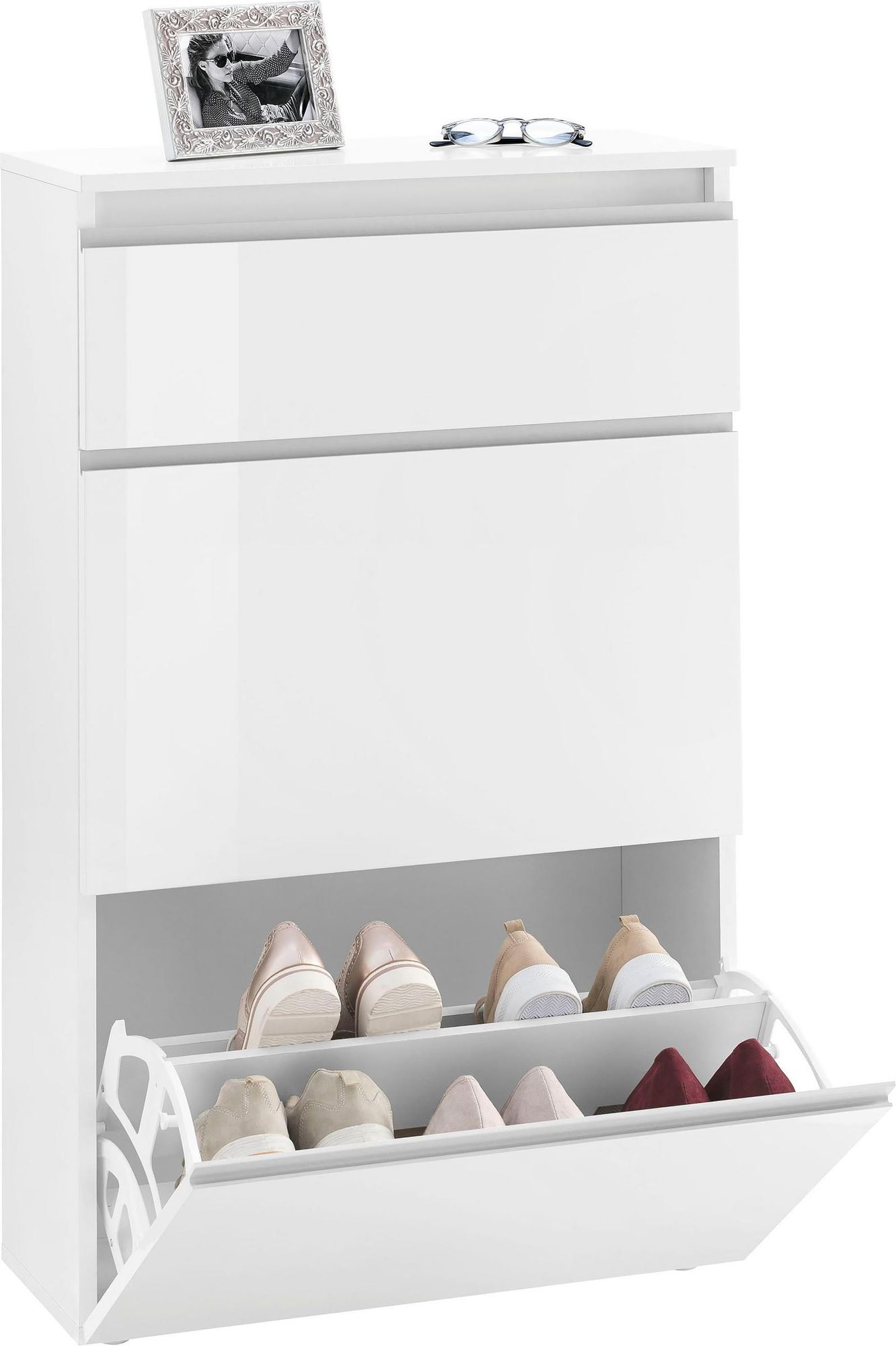 möbelando Schuhschrank – Moderner Schrank mit 3 Klappen in Weiß Hochglanz