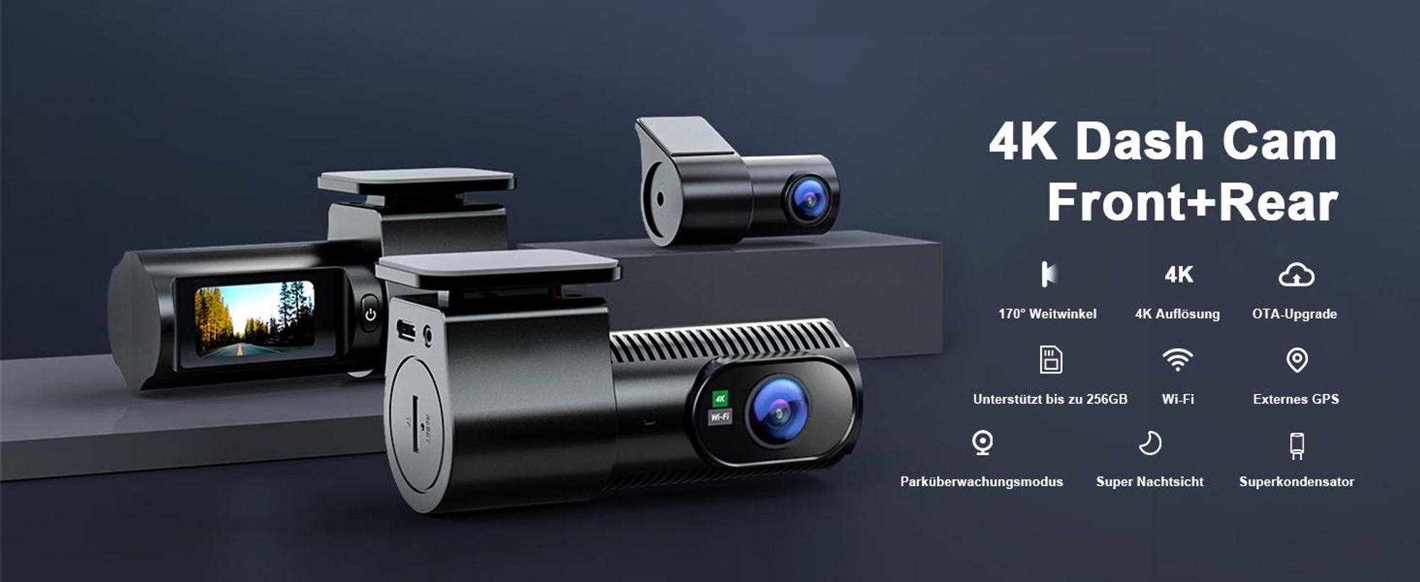 dashcam auto vorne und hinten 4K+1080P, Wi-Fi/APP Mini Dual Auto Kamera, 64GB,Parküberwachung, 170°Weitwinkel