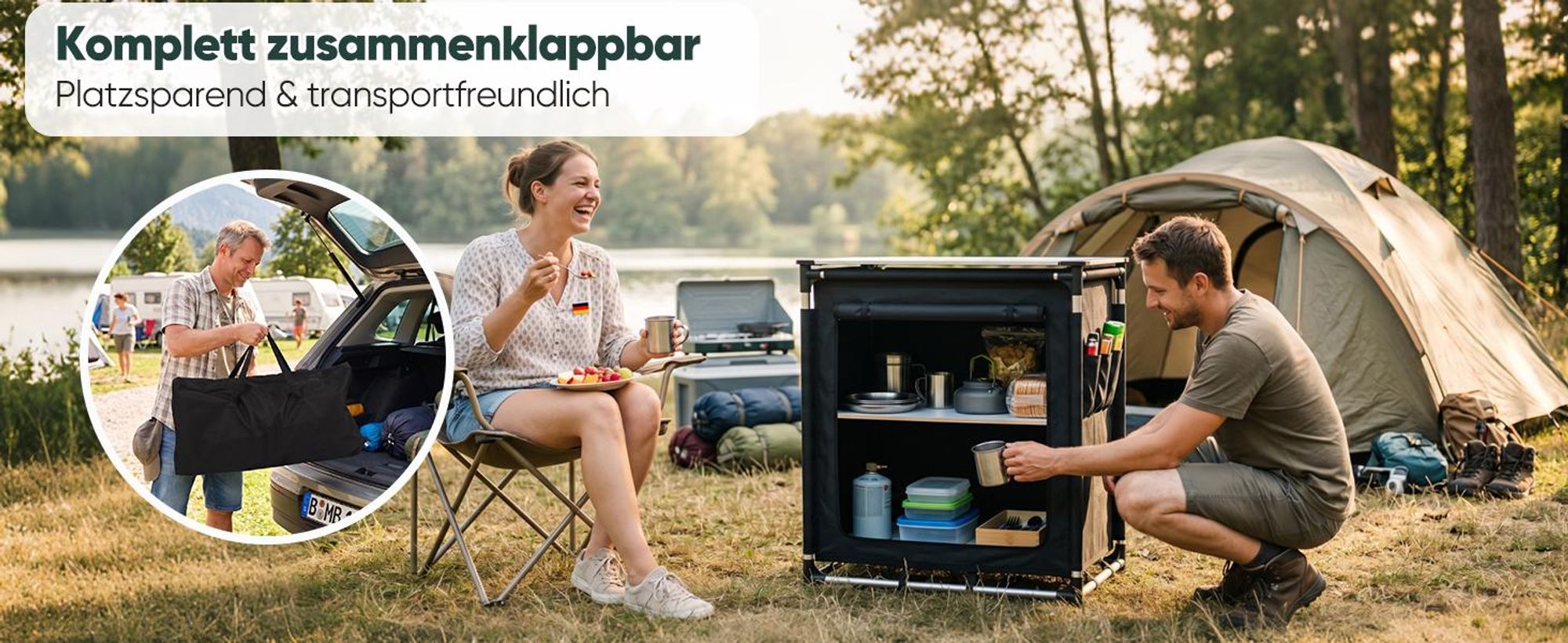 Sekey Campingküche Premium mit Aluminiumgestell und Aluminium-Arbeitsplatte Faltbar 76 x 52 x 77 cm, Schwarz