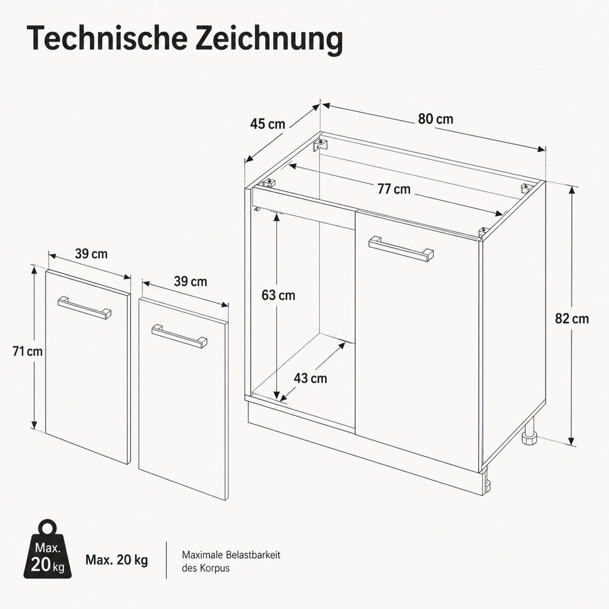 Spülenschrank 80 cm Anthrazit: Technische Zeichnung, Bemaßung & Traglast.