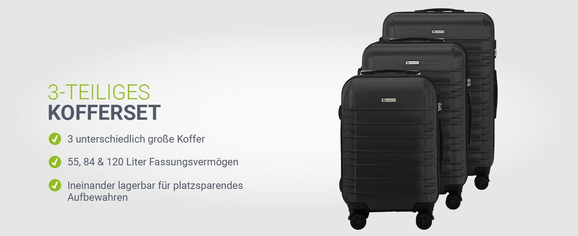 Juskys Hartschale Kofferset Reisekoffer 4 teilig - Zahlenschloss, geräuscharme 360° Rollen groß, Teleskopgriff, leicht - Koffer in Schwarz