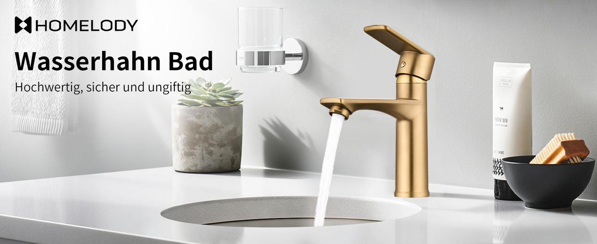 Homelody Wasserhahn bad, Mischbatterie Wasserhahn, Waschtischarmatur Einhebelmischer, Badarmatur waschbecken Spültischarmatur, Gebürstetes Gold