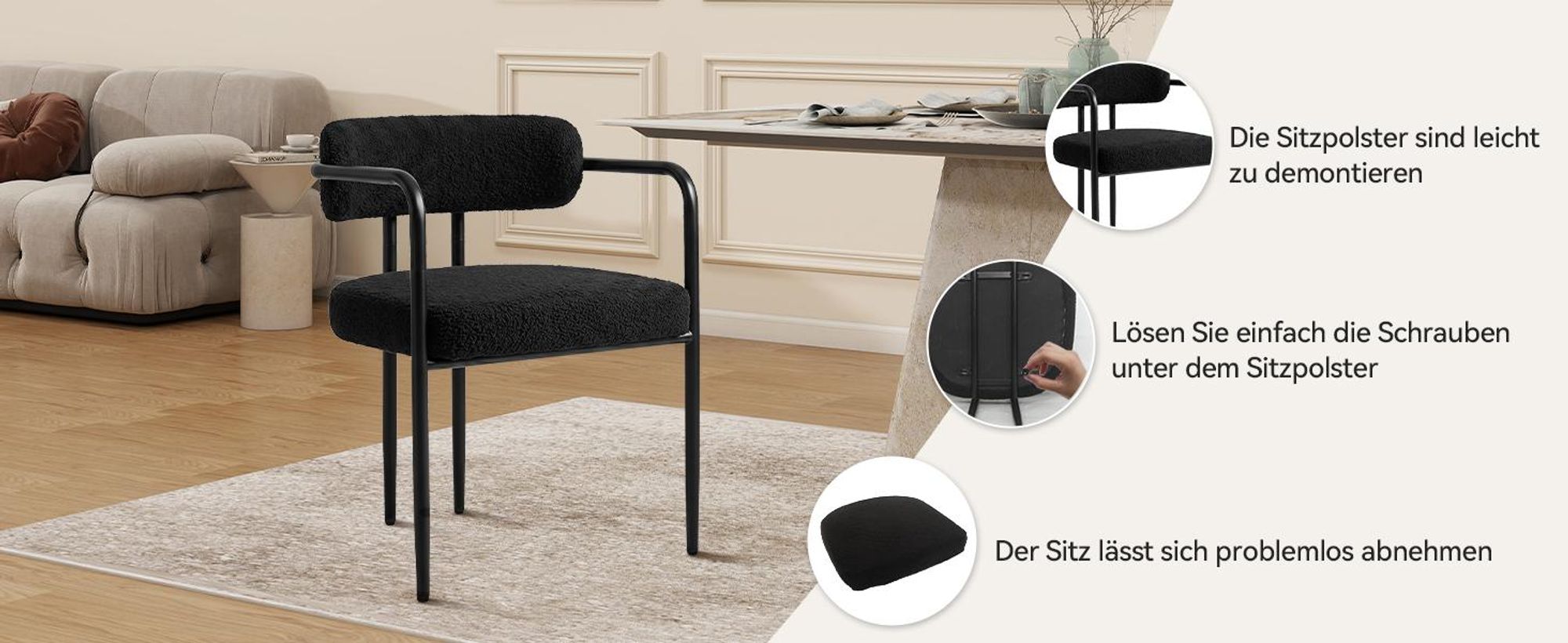 Puluomis Esszimmerstuhl mit Armlehnen 4er Set, Ergonomischer Küchenstühle mit gepolsterten Sitz, Teddyfleece Bezug, 120kg Tragfähigkeit schwarz