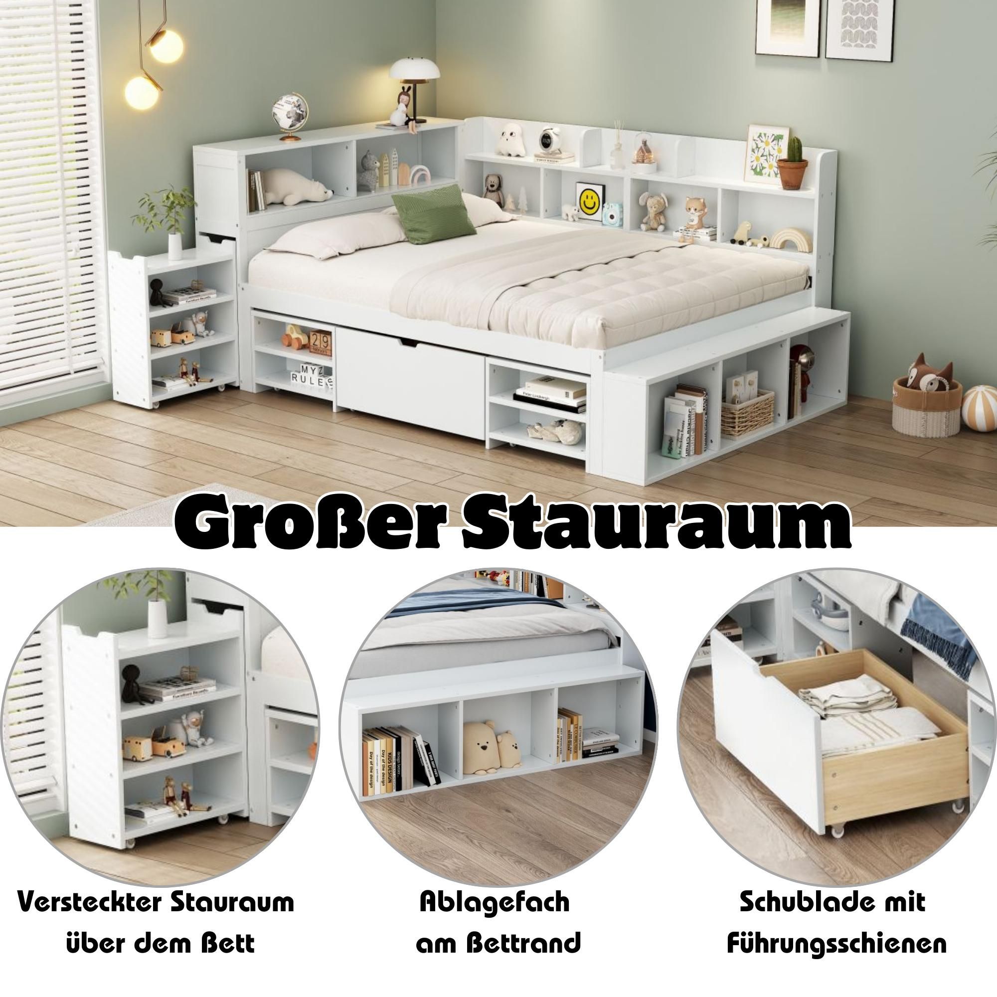 Flieks Holzbett Klassisches Bett Stauraumbett 90x190cm mit Ausziehbarem Schrank, Einzelbett Jugendbett mit Staufach, Kinderbett mit Lattenrost, Weiß
