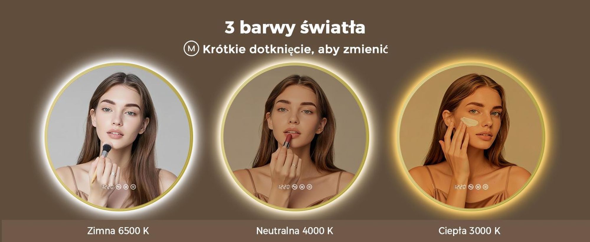 S'AFIELINA Lustro Łazienkowe LED 70 cm, Okrągłe, Złota Rama, 3 Barwy Światła, Regulacja Jasności, Antypara, Zegar, Wyświetlacz Temperatury