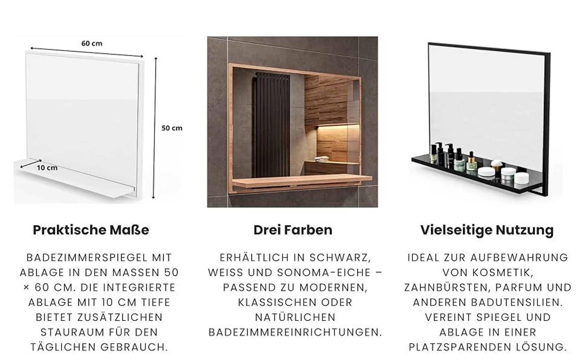 Badspiegel mit Ablage Weiß - H:50 x B: 60 cm - Bathroom Mirror - Moderner Badezimmer Spiegel Rechteckig - Wandspiegel mit Regal