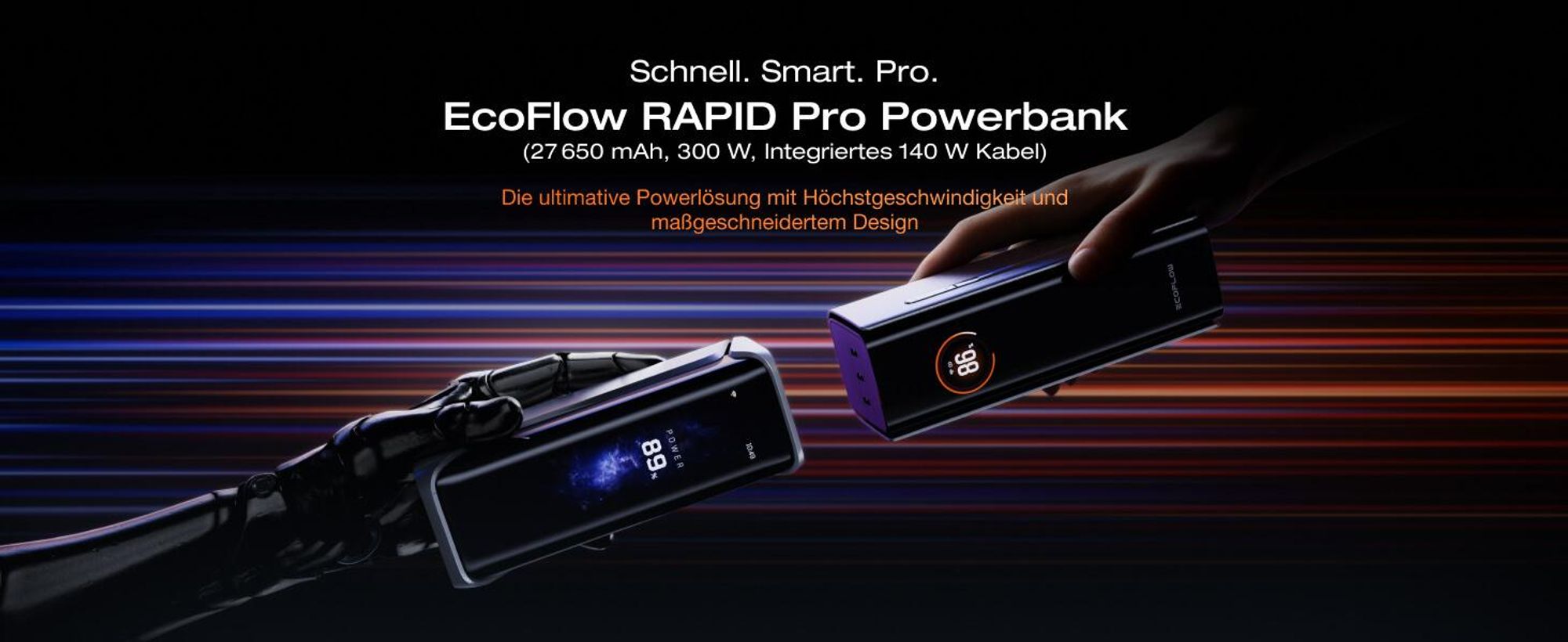 EcoFlow RAPID Pro Powerbank 27650 mAh 300W Max. Ausgang mit 140W-Kabel, 4-Anschluss tragbares Ladegerät, bis zu 320W Ladeleistung