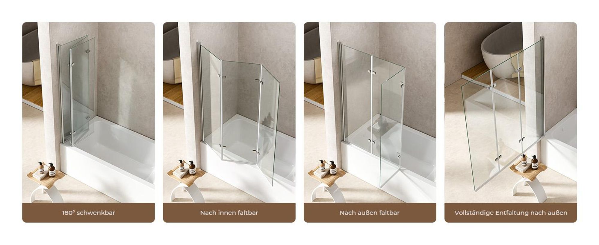 S'AFIELINA Badewannenaufsätze 130 x 140 cm 3 Stück Faltbare Duschabtrennung aus 6mm ESG Clear NANO Beschichtung ESG-Sicherheitsglas