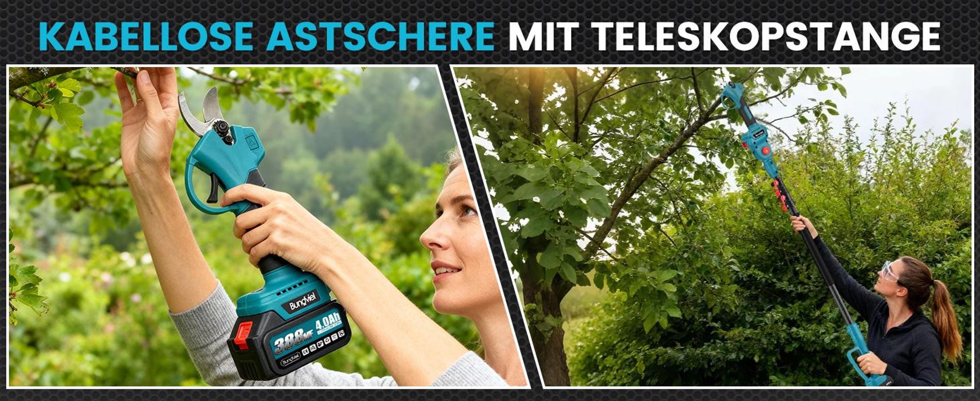 Akku Hochentaster 4-in-1 Bürstenloser Elektro Teleskop Hochentaster Astsäge Gartenschere mit 2× Akku, 2m Stangenlänge, Kompakte Hochentaster zum Baum