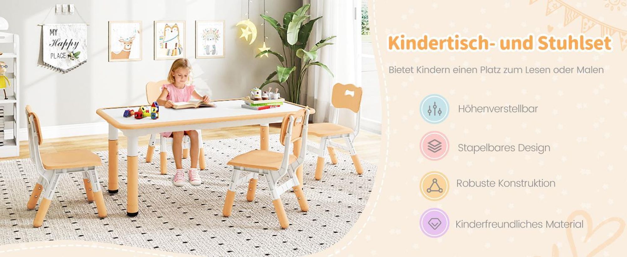 GOPLUS Kindertisch Set mit 4 Stühlen, Schreibtisch höhenverstellbar mit Graffiti-Tischfläche 120x60cm, Kindertischgruppe ab 18 Monate