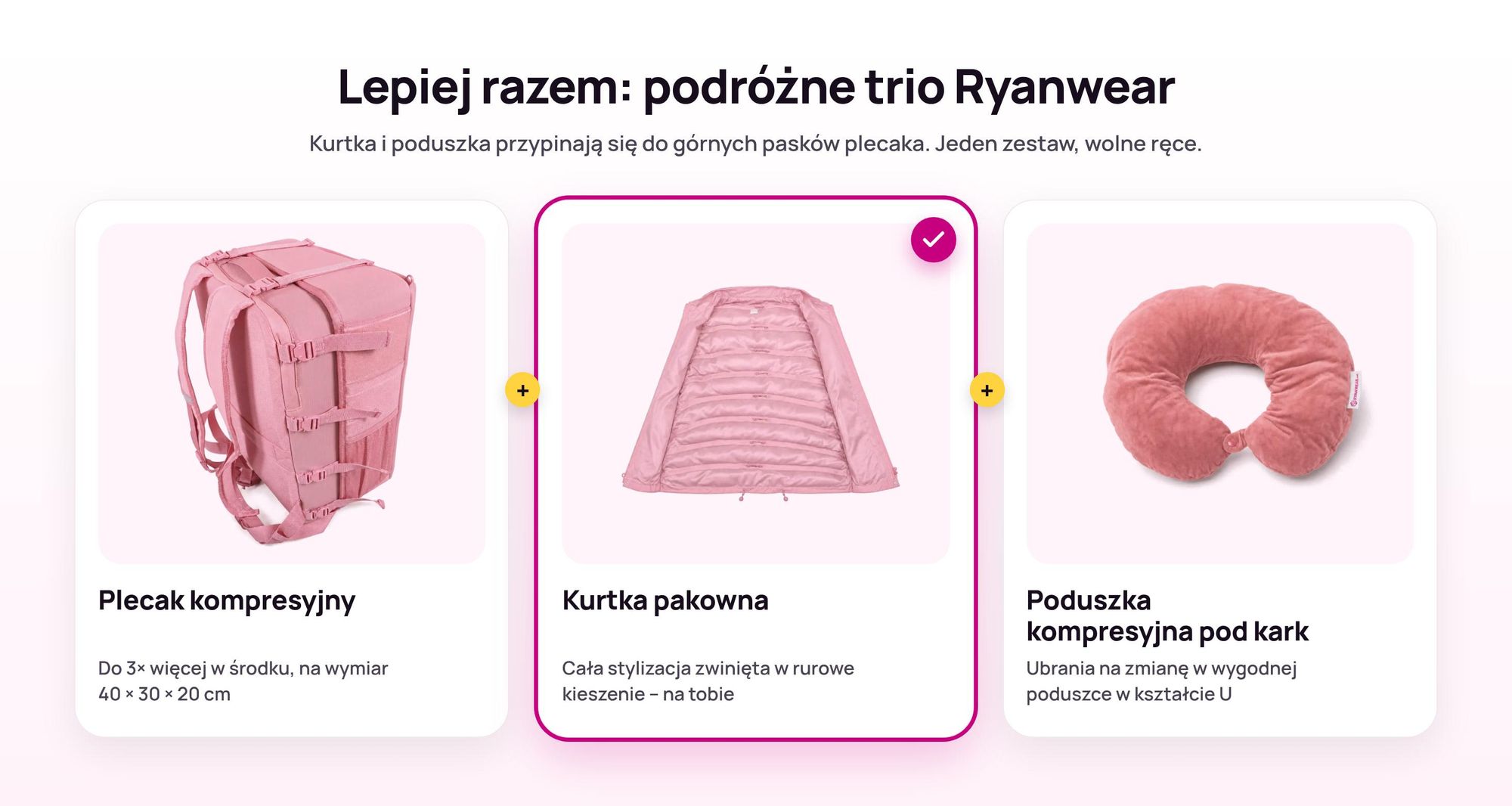 Plecak kompresyjny Ryanwear z przypiętą kurtką pakowną i poduszką kompresyjną pod kark