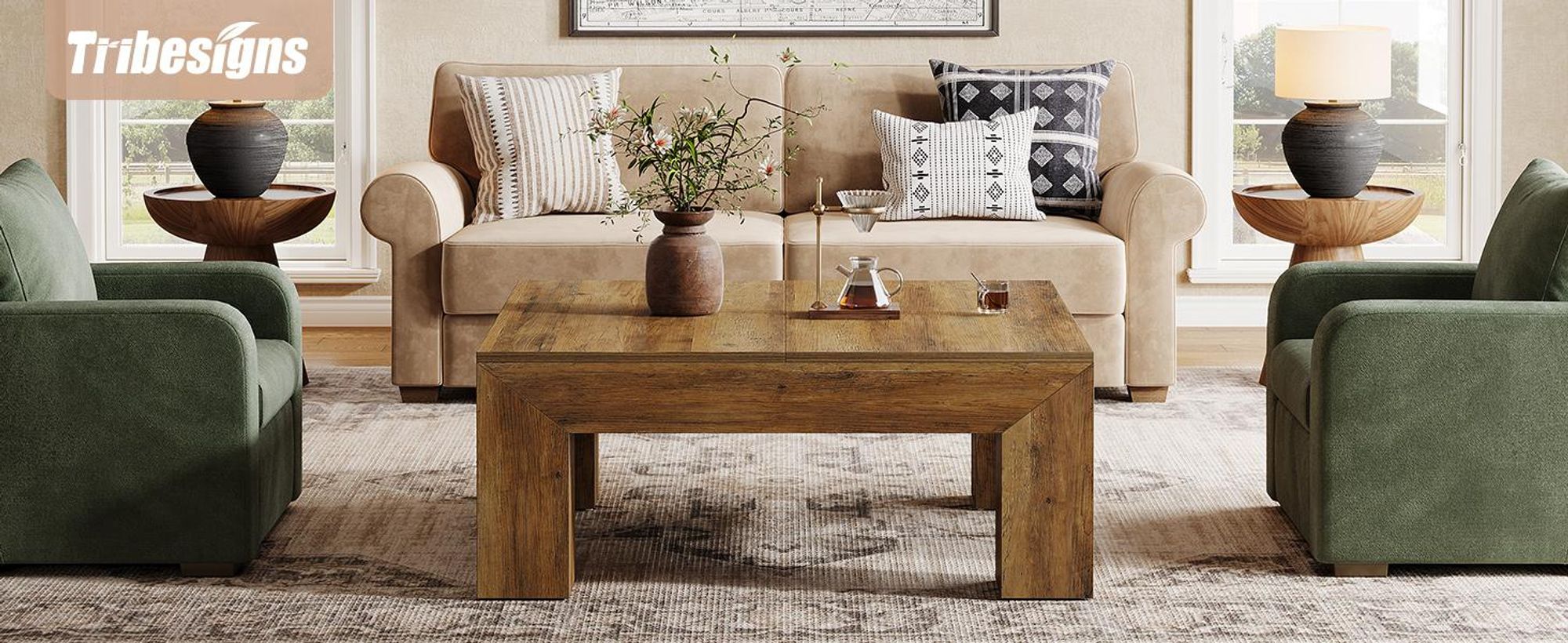 Tribesigns Quadratischer Couchtisch, 100*100 cm Bauernhaus Couchtisch aus MDF mit stabilen Holzbeinen, einfache Montage, rustikales Braun