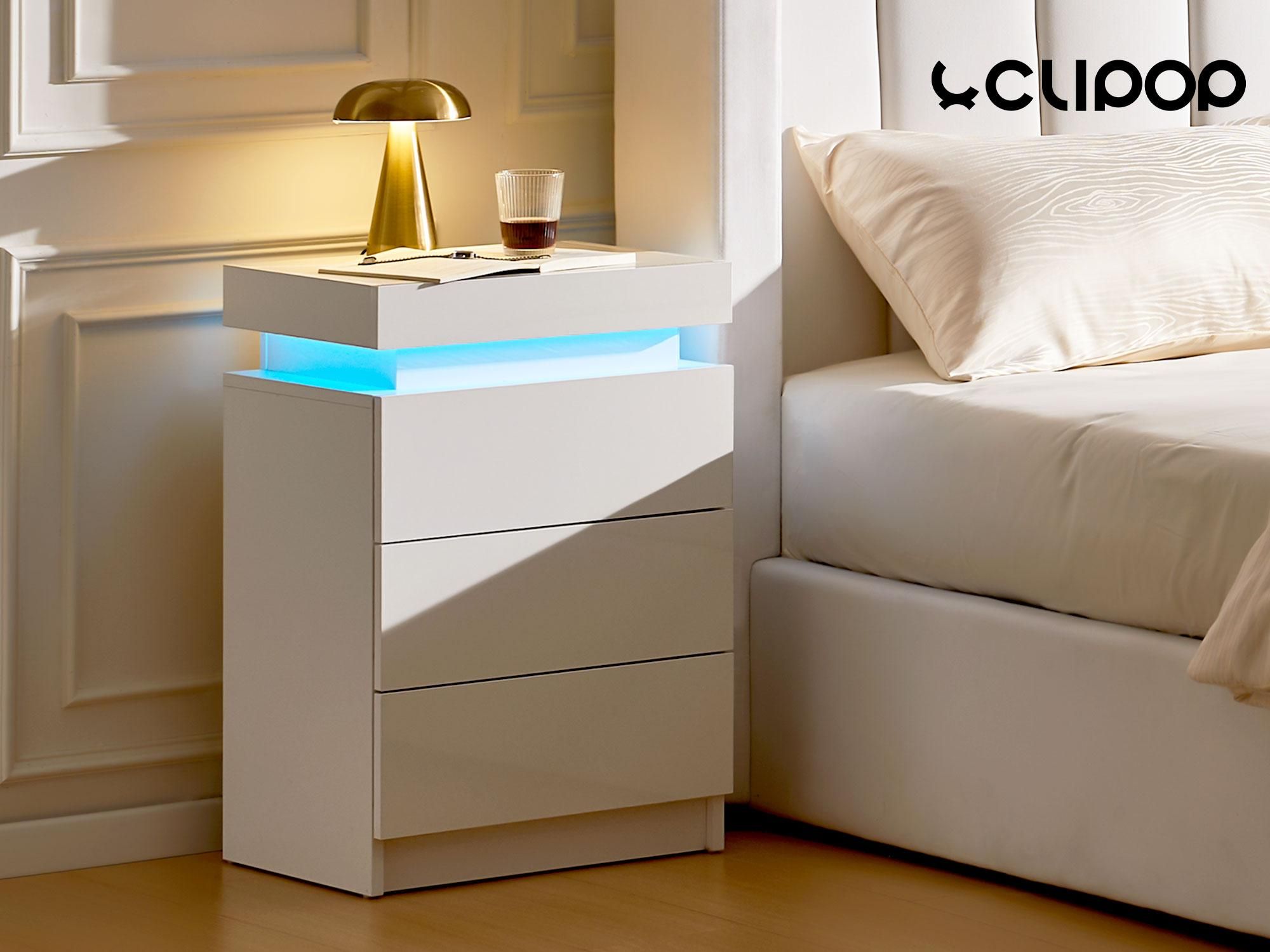 CLIPOP 3-Schubladen-Nachttisch aus Hochglanz mit LED-Lichtleiste,Weiß
