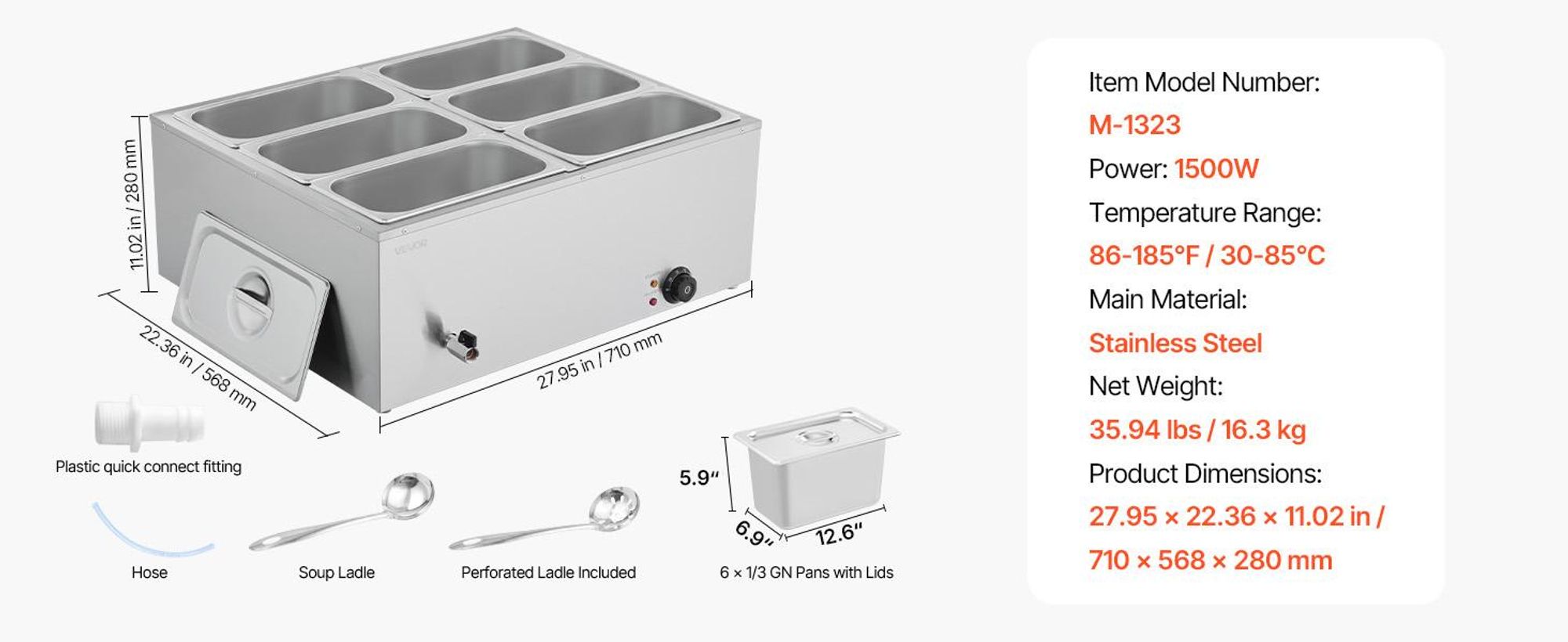 VEVOR 8-Pfannen Gewerblicher Speisenwärmer, 8 x 8QT Elektrischer Dampftisch mit Glasabdeckung, 1700W Edelstahl Buffet Bain Marie 86-185°F Temperaturregelung für Catering, Restaurants, Silber, 6 x 1/3-Größe Pfannen-a
