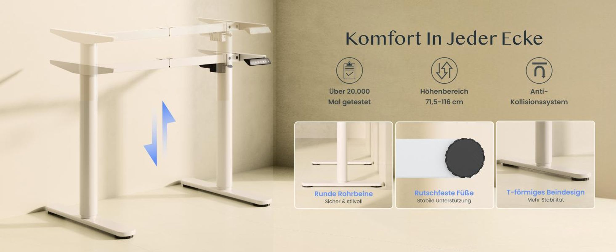 FLEXISPOT CylineX Höhenverstellbarer Schreibtisch mit elegant abgerundeten Tischbeinen, 80 kg Tragkraft, 4 Memory-Funktion, Antikollisionsschutz(Weiß)