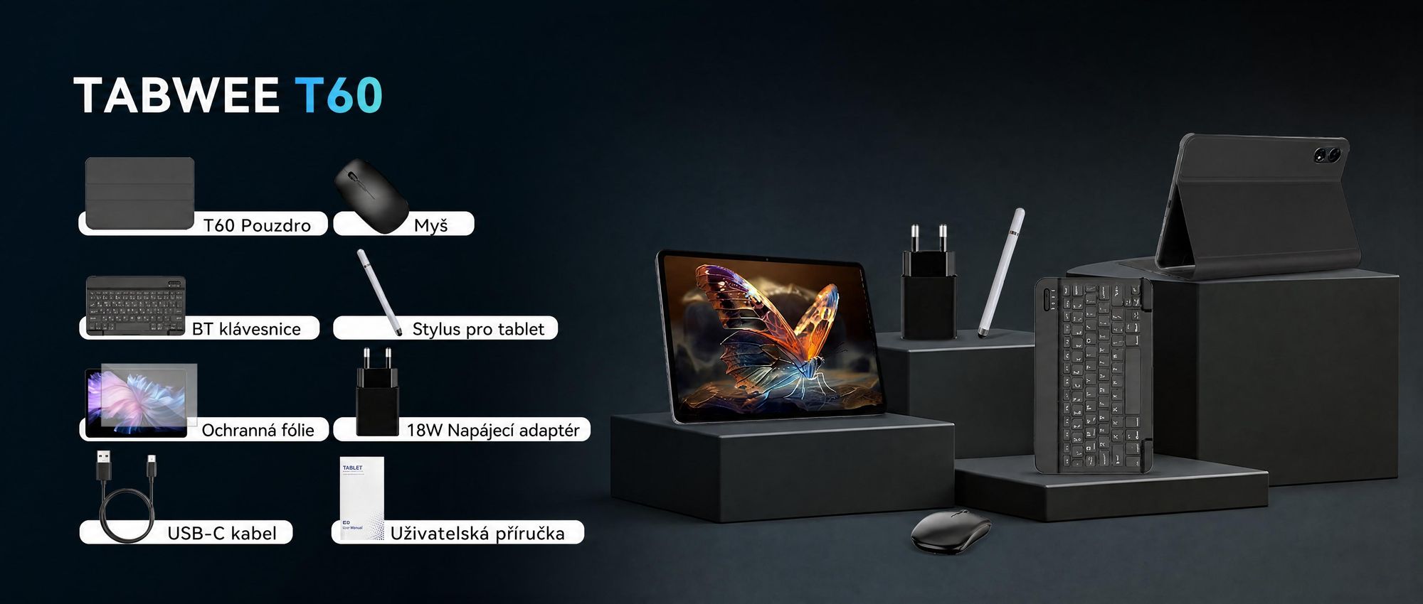 BESTTAB T60, 12,2" Android 16, tablet s procesorem Octa-Core, 48 GB RAM (12 + 36 GB), 256 GB/2 TB úložného prostoru a baterií s kapacitou 10000 mAh. Součástí balení je stylus, pouzdro, myš a klávesnice