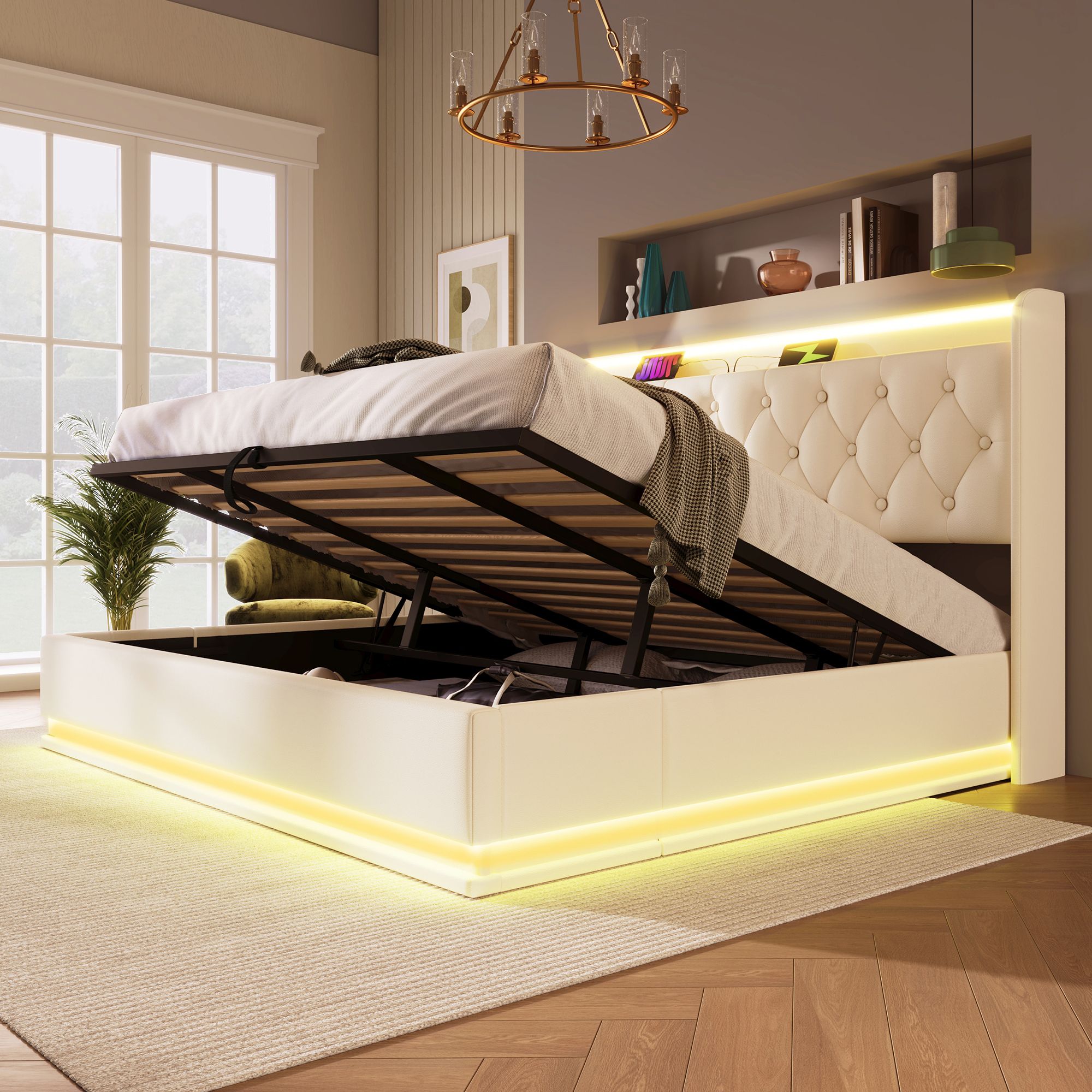 Flieks Polsterbett 180x200cm mit Ladefunktion (USB&Typ-c), Jugendbett Doppelbett Stauraumbett mit LED, Hydraulisches Boxspringbett, PU, Weiß
