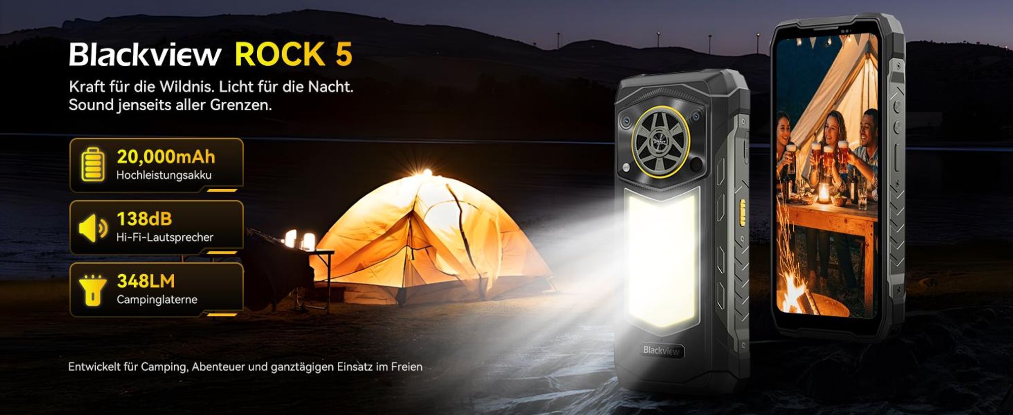 Blackview ROCK 5 Outdoor Smartphone Ohne Vertrag, 48+256GB, Android 16, 20000mAh, 33W, 120Hz, 2.4K, NFC, 108MP+50MP+20MP, 348LM, IP69K&IP68