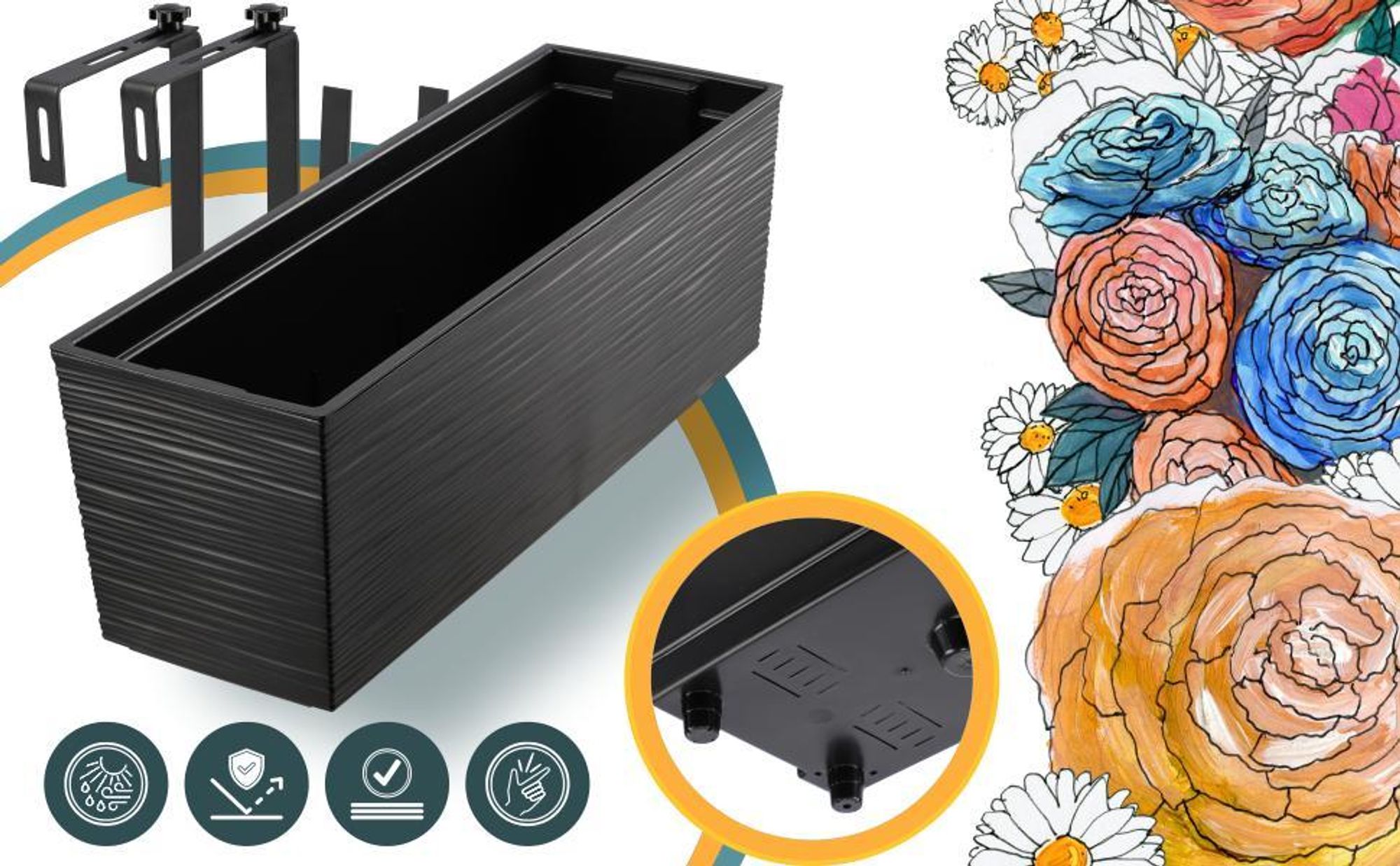 KADAX Blumentopf mit Einsatz "Treviso", 56 cm, Mit Halterungen, Ritzmuster, Schwarz