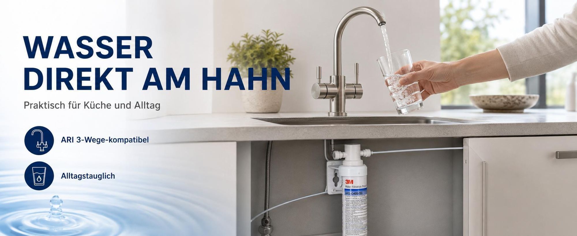 Ari Nordic 3-Wege Küchenarmatur Gold Ausziehbar mit 3M AP2-C405-SG Trinkwasserfilter Untertisch Wasserfiltersystem