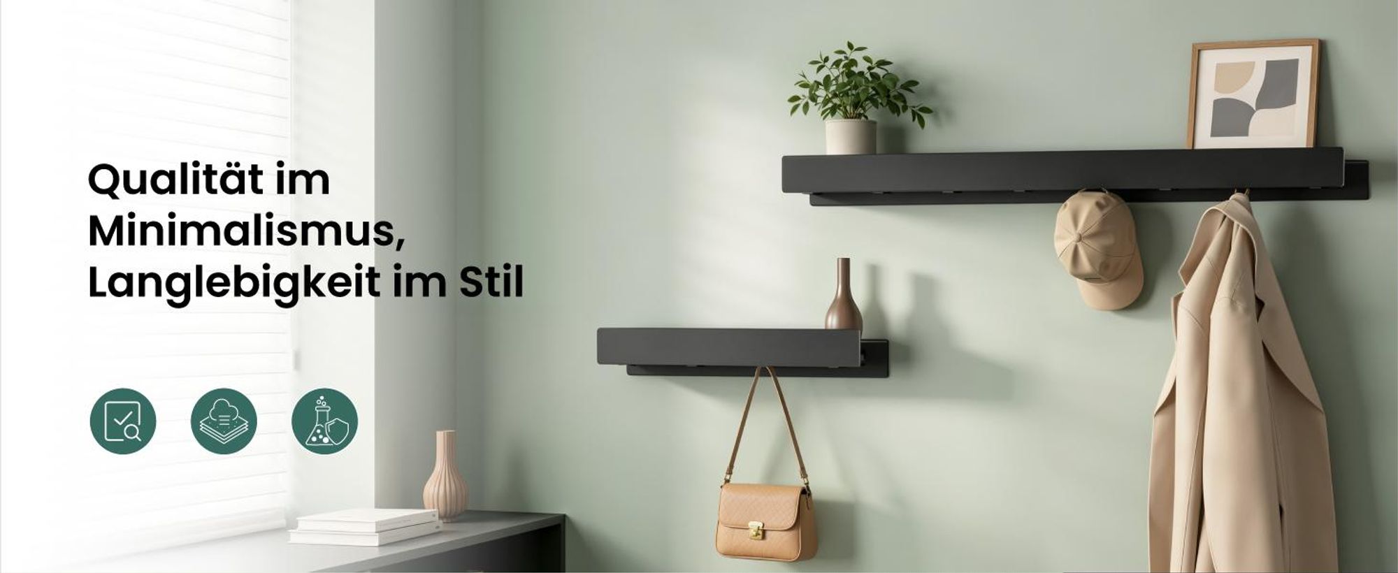 Mai & Mai Wandgarderobe mit Ablage und 8 Haken, Garderobenleiste mit versteckten Kleiderhaken, Kleiderstange Wandmontage 80cm, Sandschwarz Stalo-11