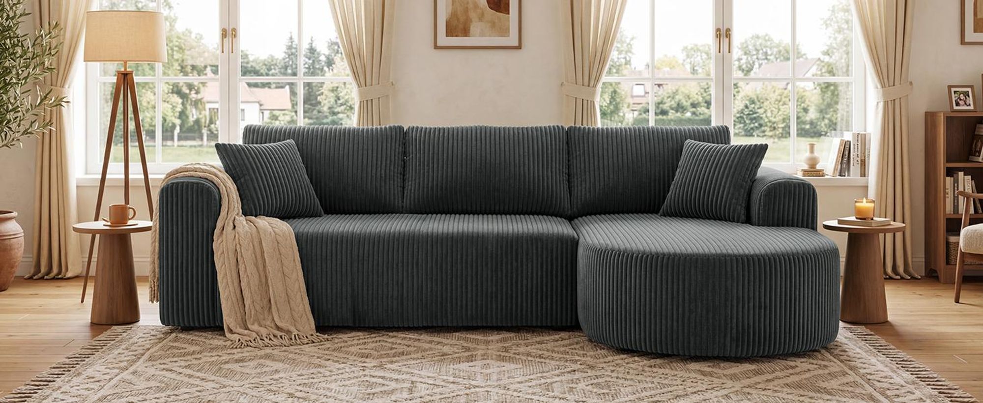 Divano angolare con funzione letto, divano modulare in velluto senza braccioli, divano con chaise longue, divano a forma di L con funzione letto, divani componibili con cuscini e tasche laterali, lunghezza 243 cm