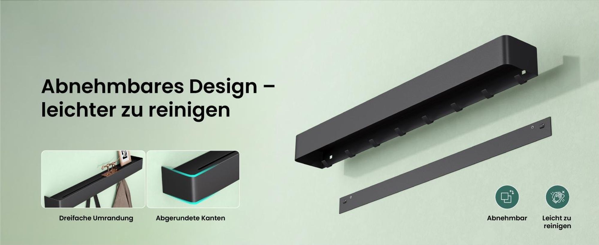 Mai & Mai Wandgarderobe mit Ablage und 4 Haken, Garderobenleiste 40 cm zur Wandmontage, Kleiderhaken für Flur, Badezimmer Sandschwarz Reglo-05
