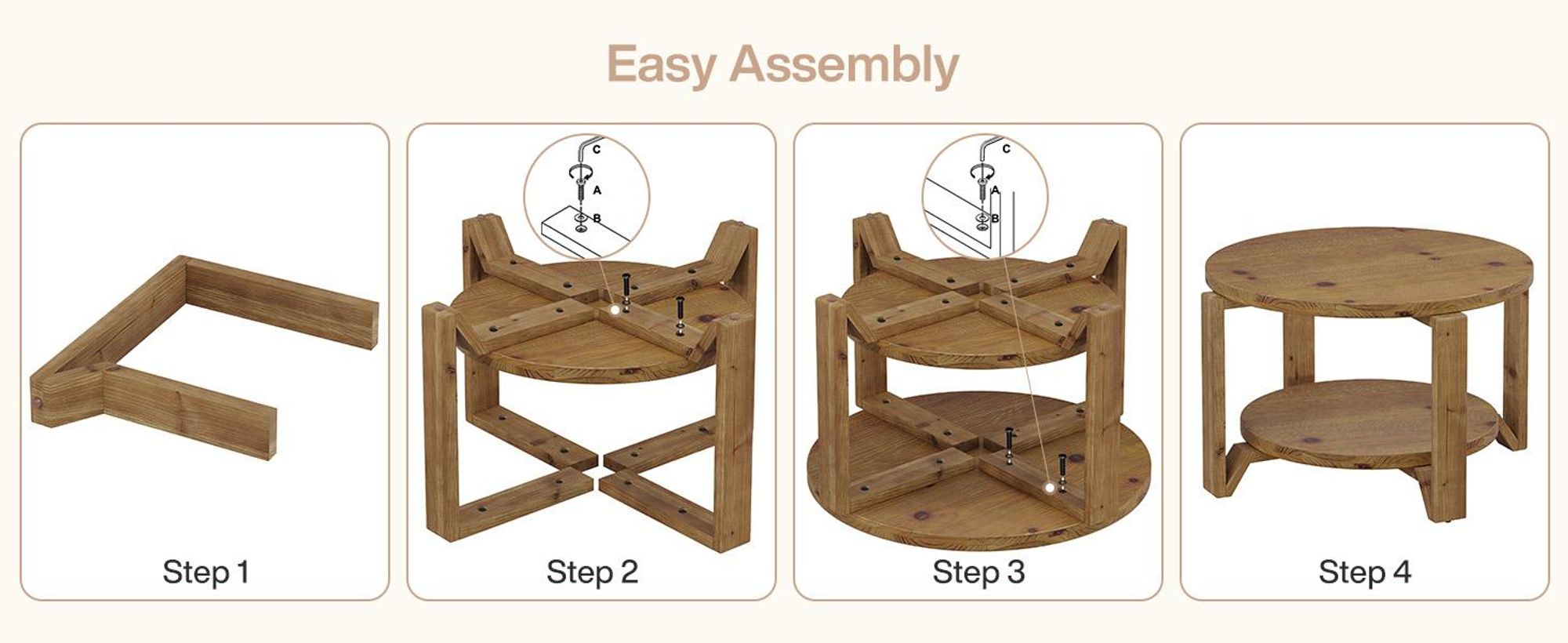 Tribesigns Runder Couchtisch Massivholz, 80 cm, zwei Ablageflächen, das Wohnzimmer, im Landhausstil, braunes Massivholz mit natürlicher Maserung