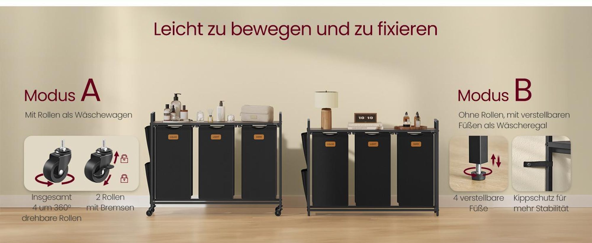 VASAGLE Wäschekorb, Wäschesammler, Wäschesortierer, Rollen, Wäschewagen mit Ablage, kleine seitliche Taschen, 6 Etiketten, 2 Fächer, 100 L