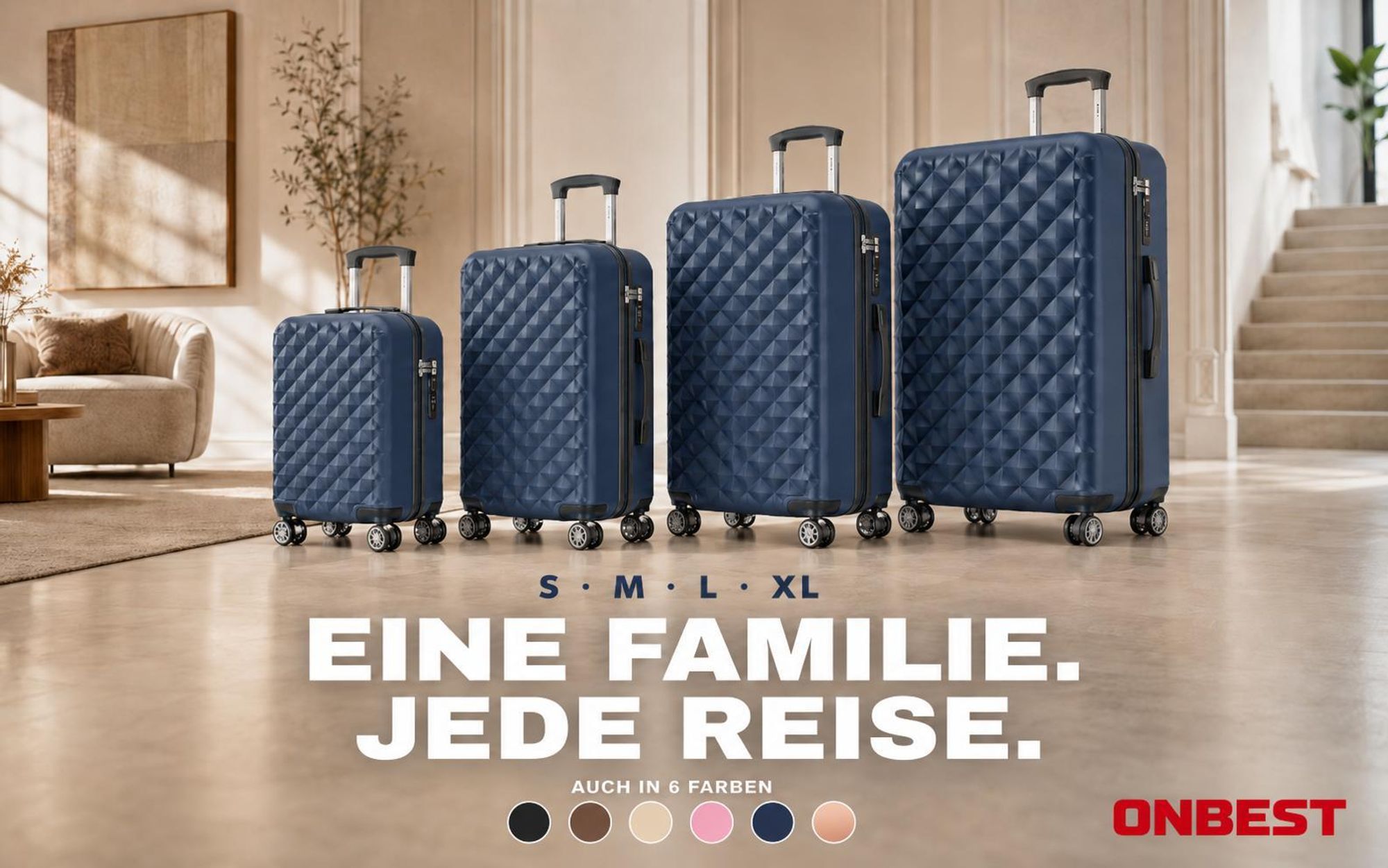 ONBEST Hartschalen Koffer Set | 4-teilig | Blau | mit TSA-Schloss | USB-Anschluss | viel Zubehör | 360° Doppelrollen