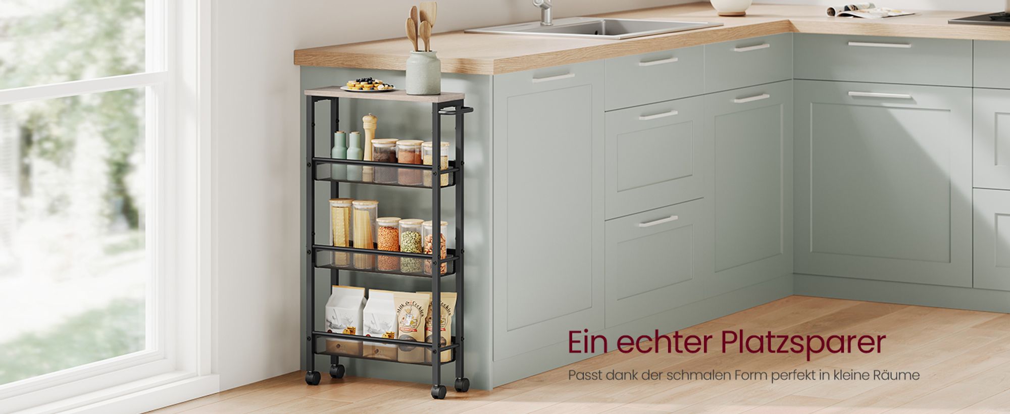 VASAGLE Rollwagen 4 Ebenen, Küchenwagen schmal, Nischenregal auf Rollen, Stahl, Griff, für kleine Räume, 13 x 45,4 x 77 cm, greige meliert-schwarz