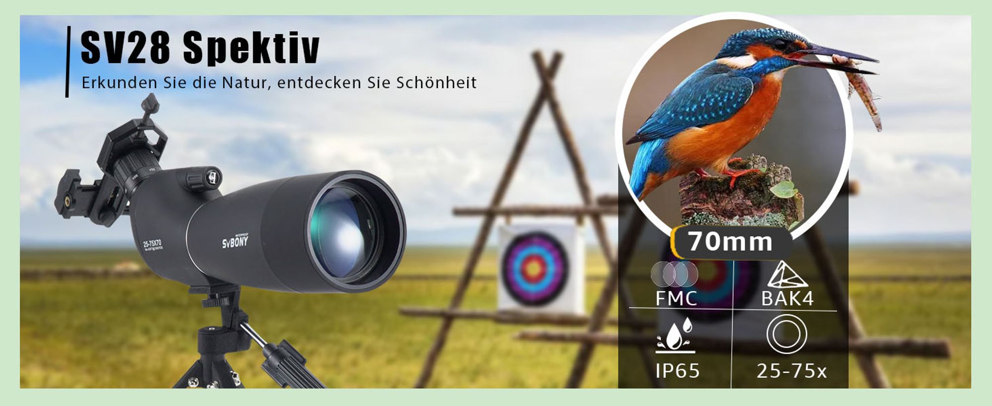 Svbony SV28 Spektiv Teleskop, 25-75x70mm, mit Stativ, BAK4 Prisma, FMC Objektiv, für Vogelbeobachtung Zielschießen Jagd, Monokulare Ferngläser Schwarz