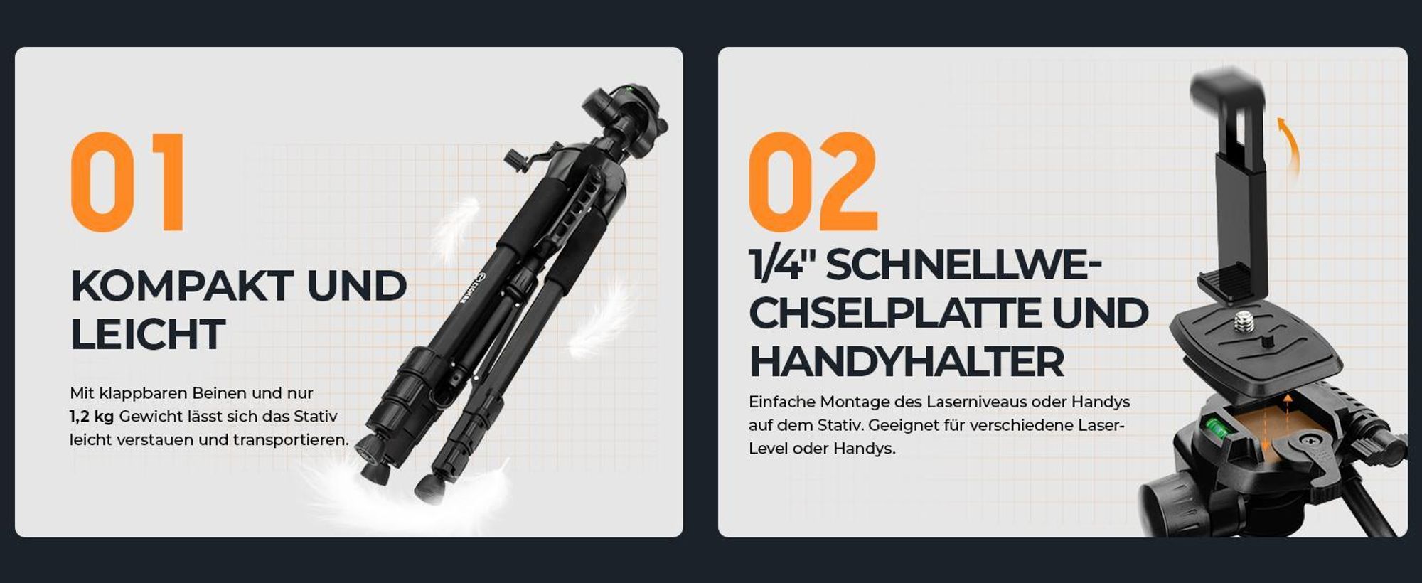 CIGMAN CTP01 Stativ 1,5m für Laser & Kameras, Aluminium, 3-Wege-Kopf