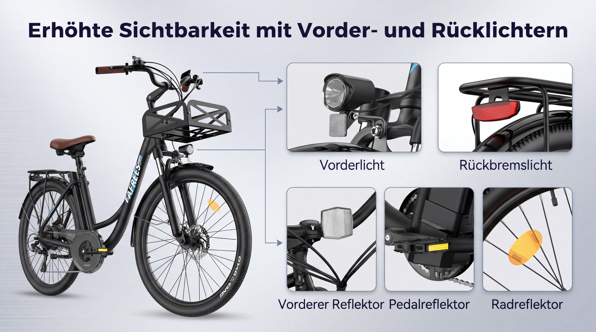 City E-Bike 26" 158 - 198 cm Pannensichere Reifen 36 V 250 W bis zu 160 - 200 km Wasserdicht IP54 mit 7 Gang, Schwarz