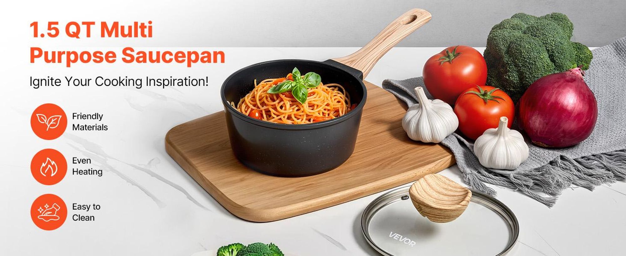 VEVOR 1,5 QT Saucepan, Antihaft-Saucepan mit gehärtetem Glasdeckel, vielseitiger Kochsauce-Topf mit abnehmbarem Griff, kleiner Kochtopf für die Küche mit Beschichtung, induktionskompatibel, schwarz, Schwarz, 1.42 L