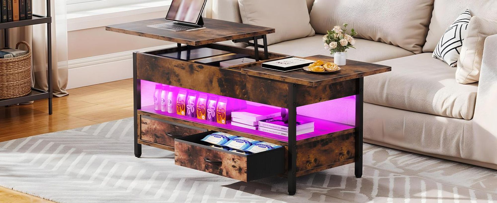 YITAHOME LED Couchtisch Wohnzimmertisch, Höhenverstellbar mit stauraum und 2 Schubladen, 106 x50x51,5cm, Braun