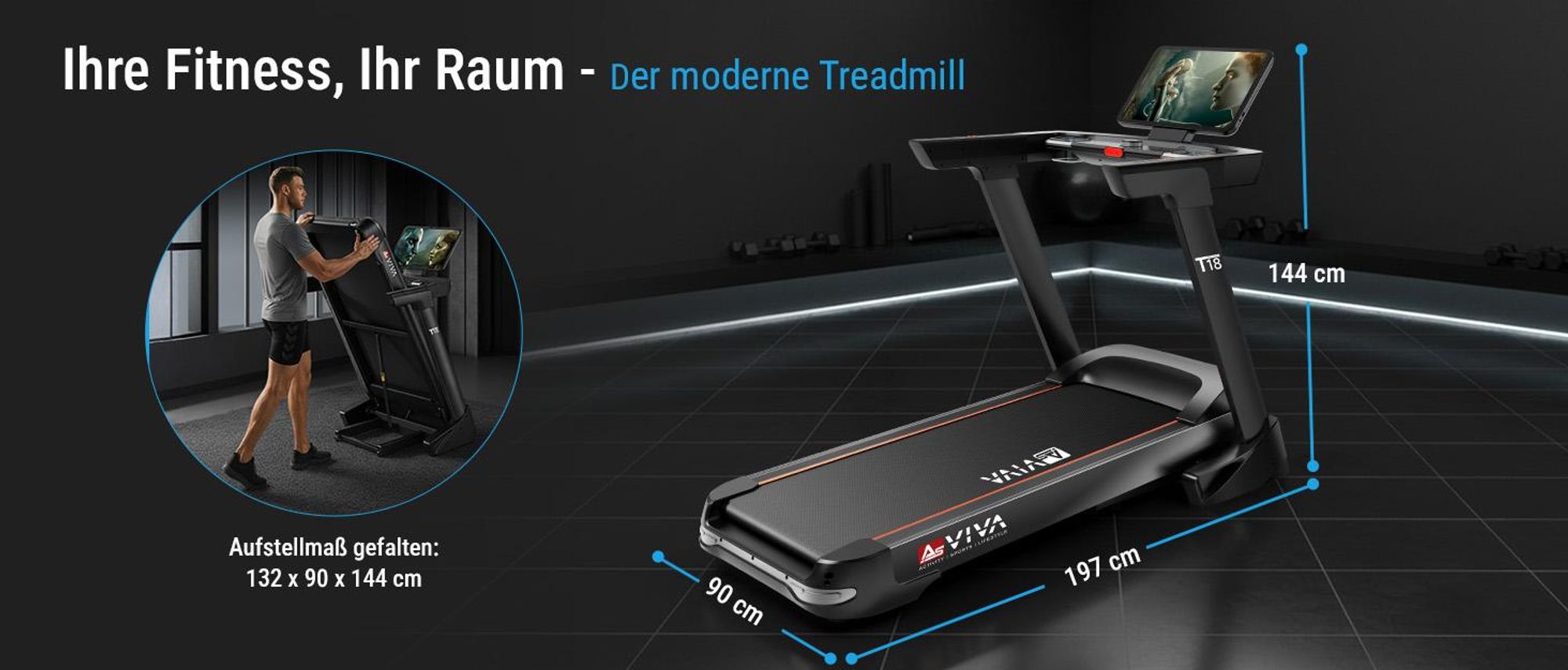Laufband klappbar AsVIVA T18 Heimtrainer bis 20 km/h 15% Steigung mit Touchscreen Bluetooth bis 150kg für Zuhause