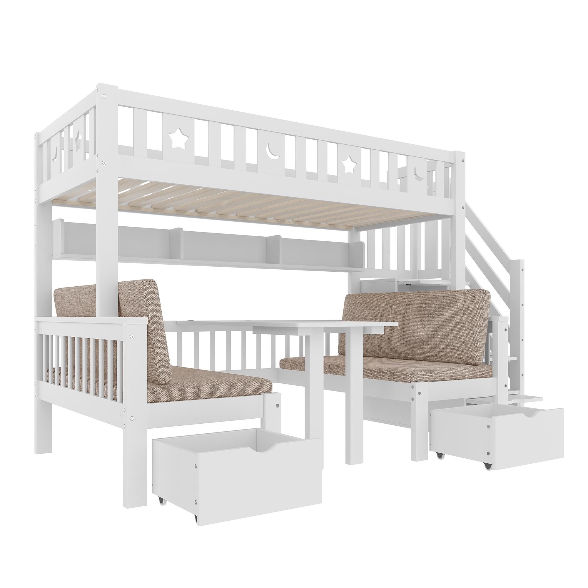 Flieks Etagenbett 90x200cm / 120x200cm mit Schubladen, Kinderbett Hochbett mit Schreibtisch, Stuhl und Sitzkissen, Stockbett Holzbett 2 Kinder, Weiß