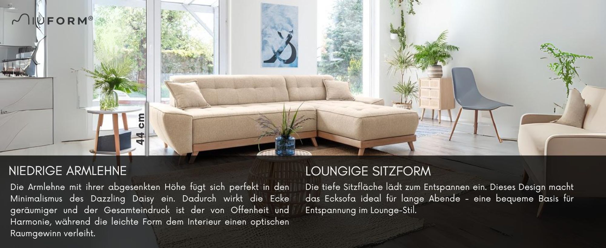 MIUFORM Dazzling Daisy - Ecksofa mit Bettfunktion und Bettkasten Sofa mit seitenverkehrt montierbarer Chaiselongue - 260x164cm - Türkis - Sofa Schlafsofa Couch