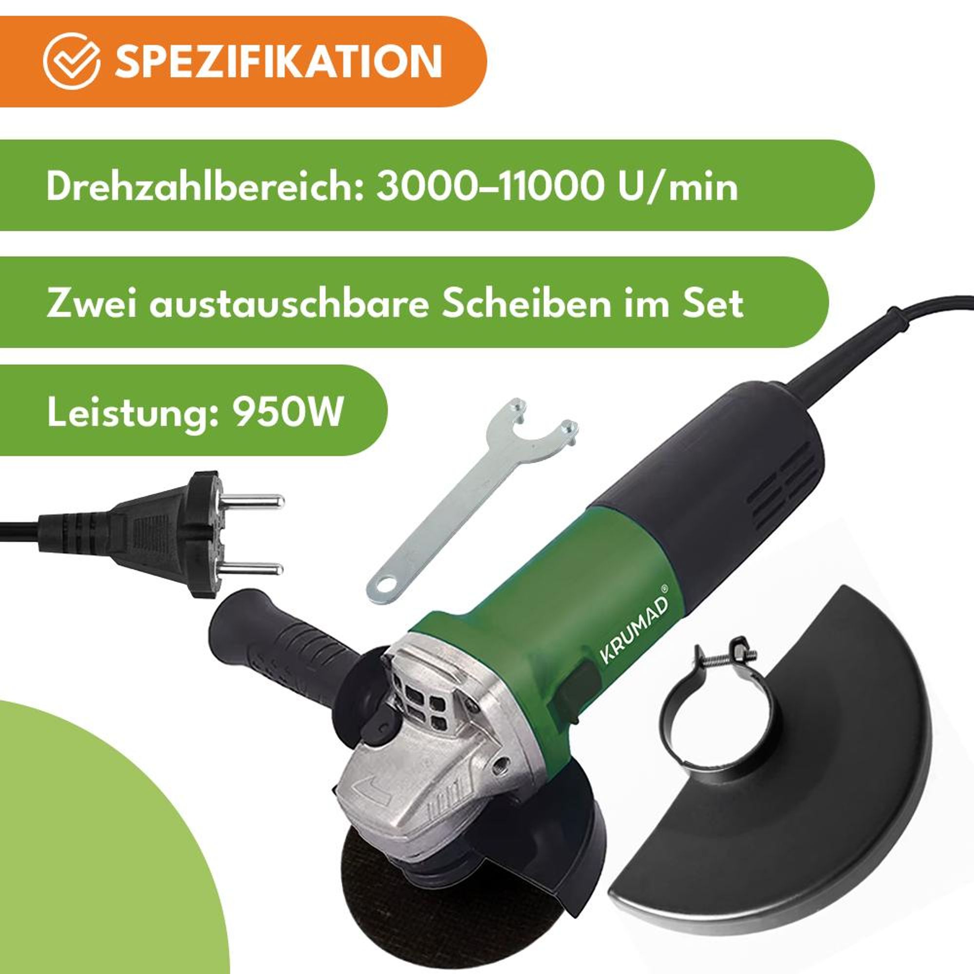 KRUMAD Winkelschleifer 950W - Leistungsstarker Winkelschleifer mit variabler Drehzahl (3000-11.000 U/min), 2 Schleifscheiben, für Metall