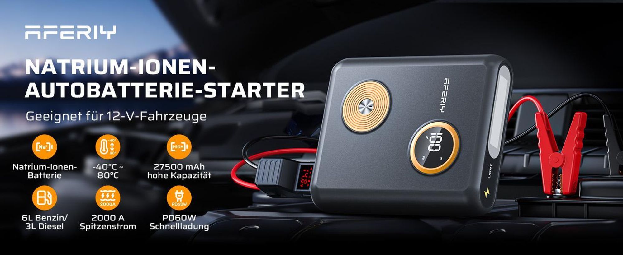 AFERIY GK03 Štartovací zdroj 2000A | 27500mAh Sodíkovo-iónový Jump Starter