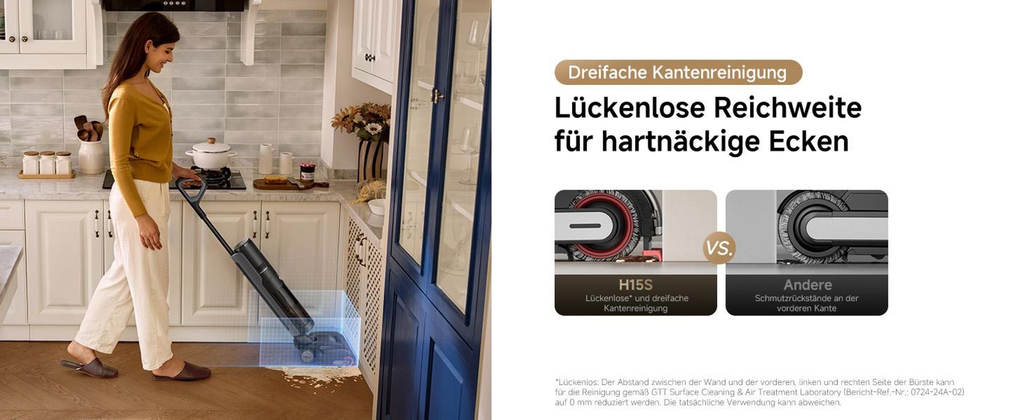 Dreame H15S Nass- und Trockensauger,3-fache Kantenreinigung,KI-Roboterarm,21000Pa Saugkraft,verhedderungsfrei,leise 90°C Trocknung,flaches 180°-Design