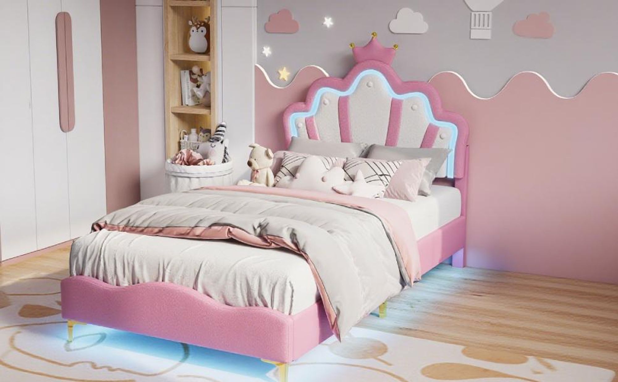 Kinderbett Polsterbett 90x200 cm, Prinzessin Einzelbett mit LED-Beleuchtung, Mädchen Jugendbett mit Kronen-Design und verstellbarem Kopfteil, PolyurethanRosa
